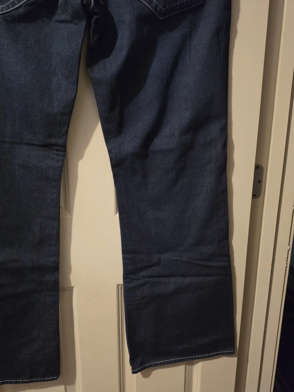 True Religion Men’s Dark Blue Bootcut Jeans with Contrast Stitching